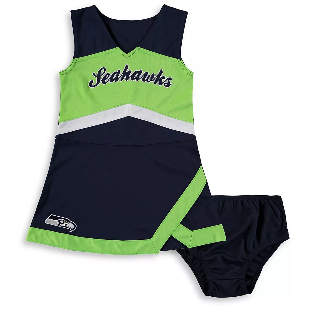 Girls Toddler College Navy/Neon Green Seattle Seahawks Cheer Captain Jumper Dress 1 Girls Toddler College Navy/Neon Green Seattle Seahawks Cheer Captain Jumper Dress