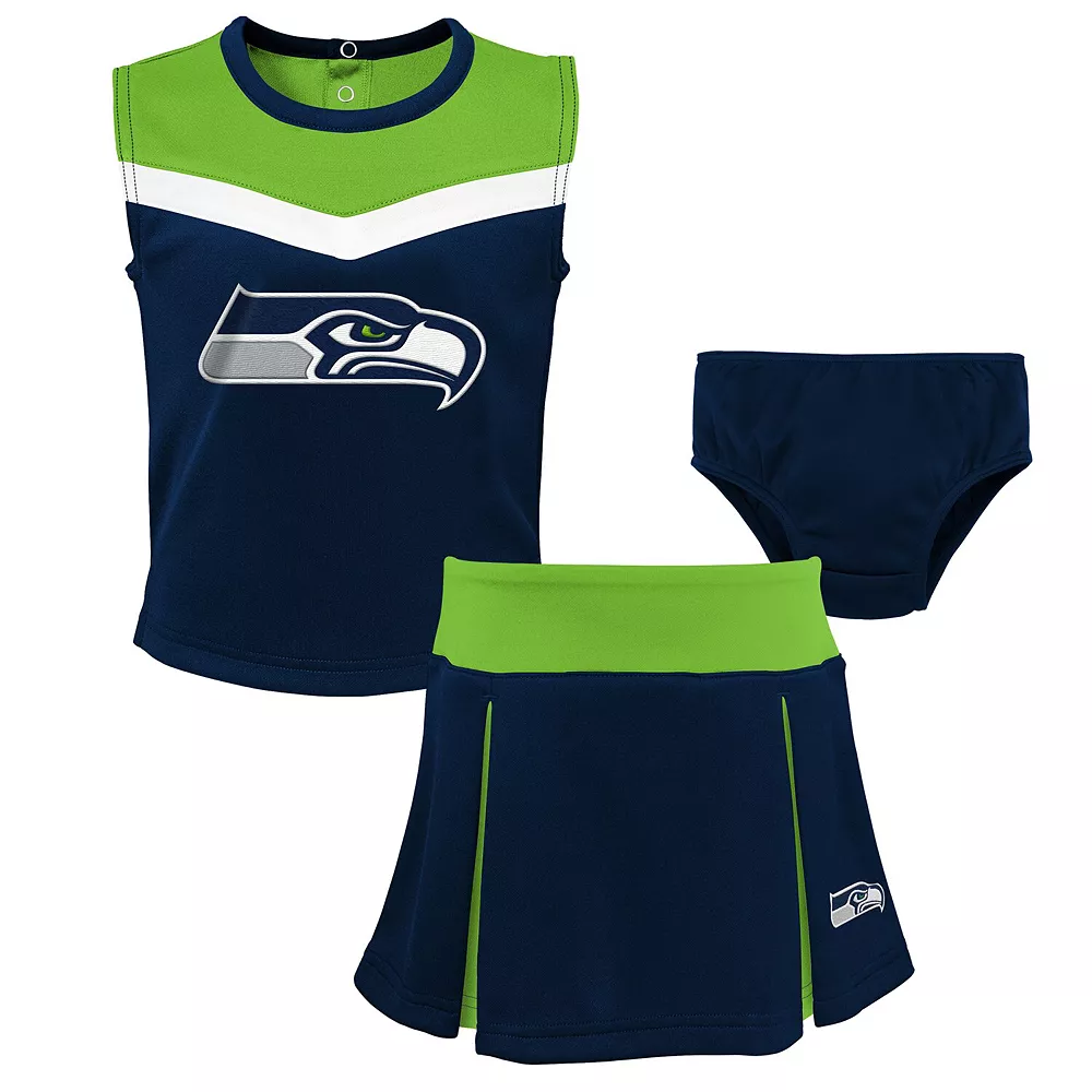 Girls Preschool College Navy Seattle Seahawks Two-Piece Spirit Cheer Cheerleader Set With Bloomers 1 Girls Preschool College Navy Seattle Seahawks Two-Piece Spirit Cheer Cheerleader Set With Bloomers