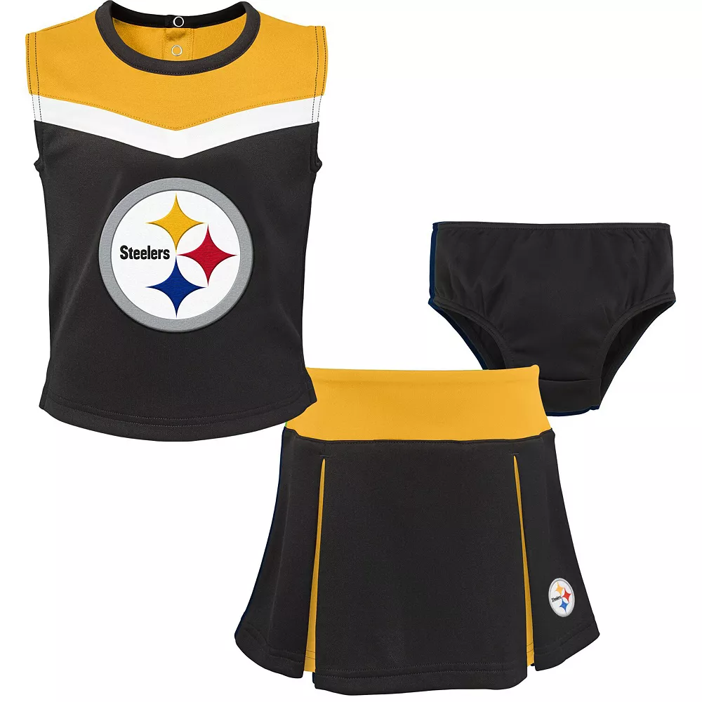 Girls Toddler Black/Gold Pittsburgh Steelers Two-Piece Spirit Cheerleader Set with Bloomers 1 Girls Toddler Black/Gold Pittsburgh Steelers Two-Piece Spirit Cheerleader Set with Bloomers