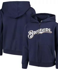 Youth Navy Milwaukee Brewers Team Color Wordmark Full-Zip Hoodie -MLB Shop 4086991 ALT