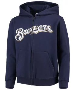 Youth Navy Milwaukee Brewers Team Color Wordmark Full-Zip Hoodie -MLB Shop 4086991 ALT2