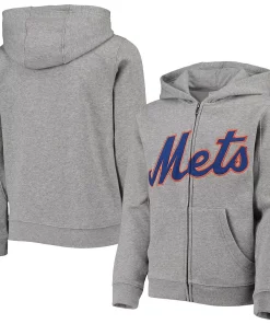 Alternative view of Youth Heathered Gray New York Mets Wordmark Full-Zip Hoodie