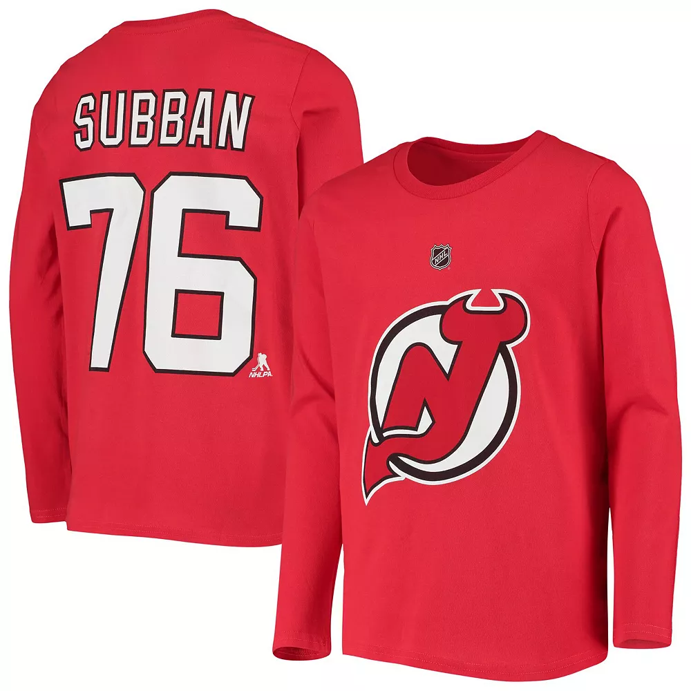 Youth P.K. Subban Red New Jersey Devils Authentic Stack Long Sleeve Name & Number T-Shirt 1 Youth P.K. Subban Red New Jersey Devils Authentic Stack Long Sleeve Name & Number T-Shirt