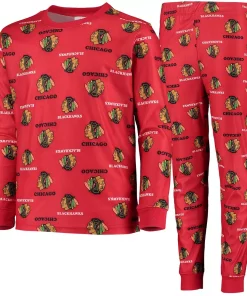 Youth Red Chicago Blackhawks Allover Print Long Sleeve T-Shirt and Pants Sleep Set