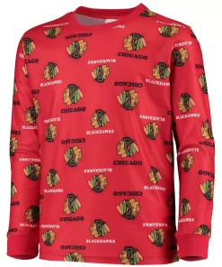 Alternative view of Youth Red Chicago Blackhawks Allover Print Long Sleeve T-Shirt and Pants Sleep Set
