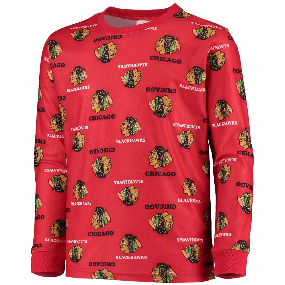 Youth Red Chicago Blackhawks Allover Print Long Sleeve T-Shirt and Pants Sleep Set 2 Youth Red Chicago Blackhawks Allover Print Long Sleeve T-Shirt and Pants Sleep Set - Image 2