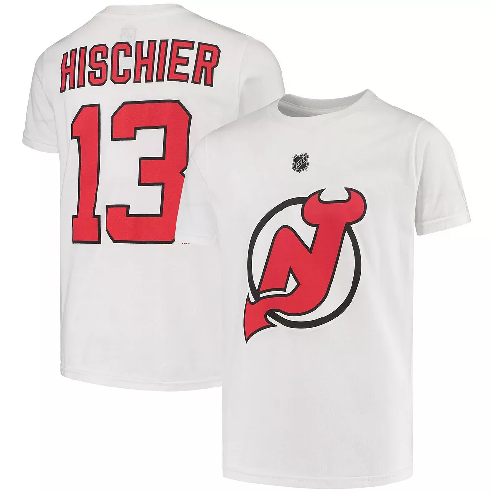 Youth Nico Hischier White New Jersey Devils Away Name & Number T-Shirt 2 Youth Nico Hischier White New Jersey Devils Away Name & Number T-Shirt - Image 2