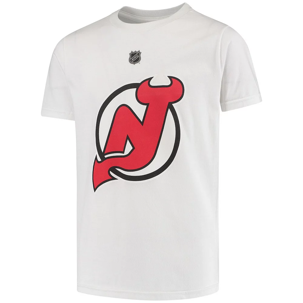 Youth Nico Hischier White New Jersey Devils Away Name & Number T-Shirt 3 Youth Nico Hischier White New Jersey Devils Away Name & Number T-Shirt - Image 3