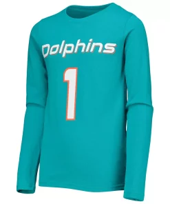 Youth Tua Tagovailoa Aqua Miami Dolphins Mainliner Player Name & Number Long Sleeve T-Shirt -MLB Shop 5392402 ALT2