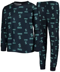 Alternative view of Youth Deep Sea Blue Seattle Kraken Allover Print Long Sleeve T-Shirt and Pants Sleep Set