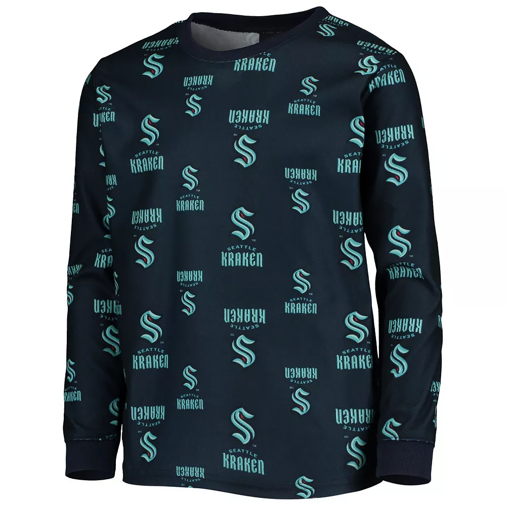 Youth Deep Sea Blue Seattle Kraken Allover Print Long Sleeve T-Shirt and Pants Sleep Set 3 Youth Deep Sea Blue Seattle Kraken Allover Print Long Sleeve T-Shirt and Pants Sleep Set - Image 3