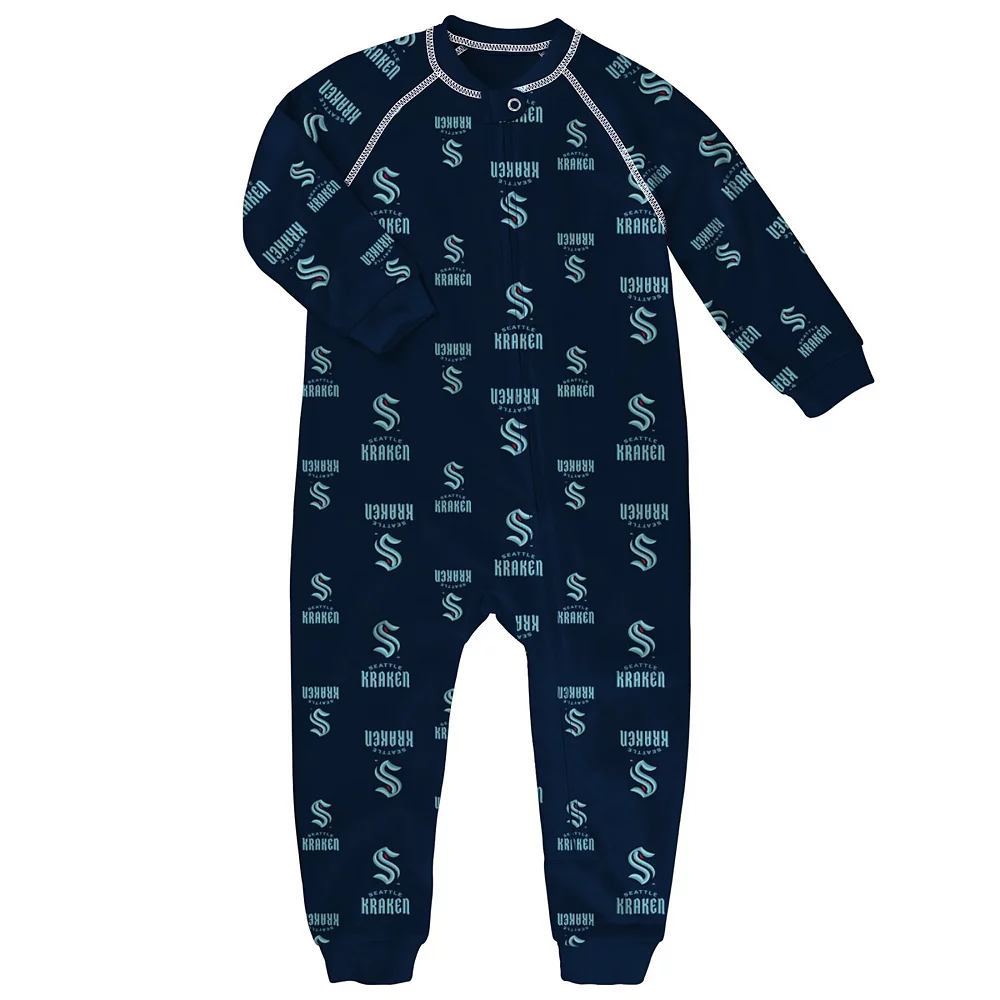 Toddler Navy Seattle Kraken Team Print Raglan Full-Zip Jumper Pajamas 1 Toddler Navy Seattle Kraken Team Print Raglan Full-Zip Jumper Pajamas