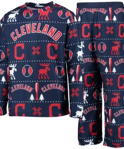 Youth Navy Cleveland Indians Allover Print Long Sleeve T-Shirt & Pants Sleep Set