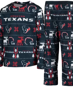 Youth Navy Houston Texans Logo Allover Print Long Sleeve T-Shirt & Pants Holiday Pajamas Sleep Set