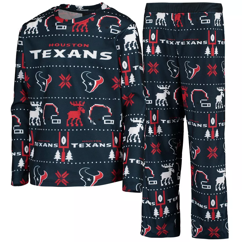 Youth Navy Houston Texans Logo Allover Print Long Sleeve T-Shirt & Pants Holiday Pajamas Sleep Set 2 Youth Navy Houston Texans Logo Allover Print Long Sleeve T-Shirt & Pants Holiday Pajamas Sleep Set - Image 2