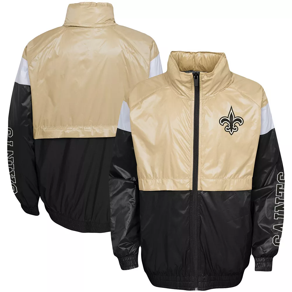 Youth Gold/Black New Orleans Saints Goal Line Stance Full-Zip Hoodie Windbreaker 1 Youth Gold/Black New Orleans Saints Goal Line Stance Full-Zip Hoodie Windbreaker