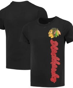 Alternative view of Girls Youth Black Chicago Blackhawks Chenille Script T-Shirt