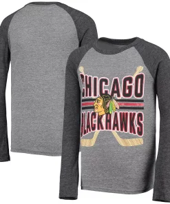 Youth Heathered Gray/Heathered Black Chicago Blackhawks Square Up Raglan Tri-Blend Long Sleeve T-Shirt -MLB Shop 5629024 ALT