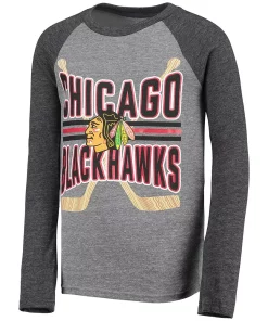 Youth Heathered Gray/Heathered Black Chicago Blackhawks Square Up Raglan Tri-Blend Long Sleeve T-Shirt -MLB Shop 5629024 ALT2