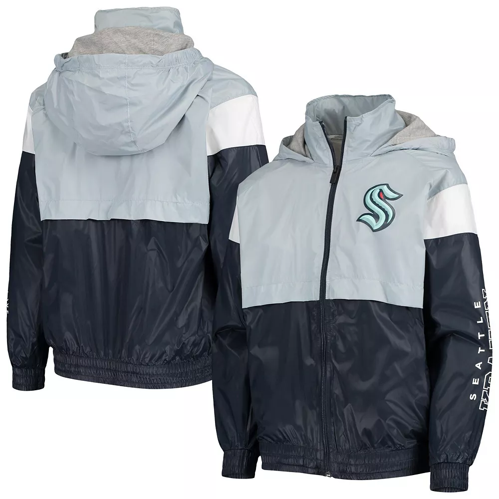 Youth Light Blue/Deep Sea Blue Seattle Kraken Goal Line Full-Zip Hoodie Windbreaker Jacket 1 Youth Light Blue/Deep Sea Blue Seattle Kraken Goal Line Full-Zip Hoodie Windbreaker Jacket