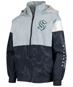 Alternative view of Youth Light Blue/Deep Sea Blue Seattle Kraken Goal Line Full-Zip Hoodie Windbreaker Jacket