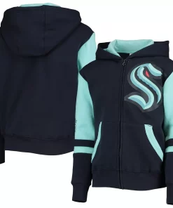 Youth Deep Sea Blue Seattle Kraken Faceoff Color-Blocked Full-Zip Hoodie