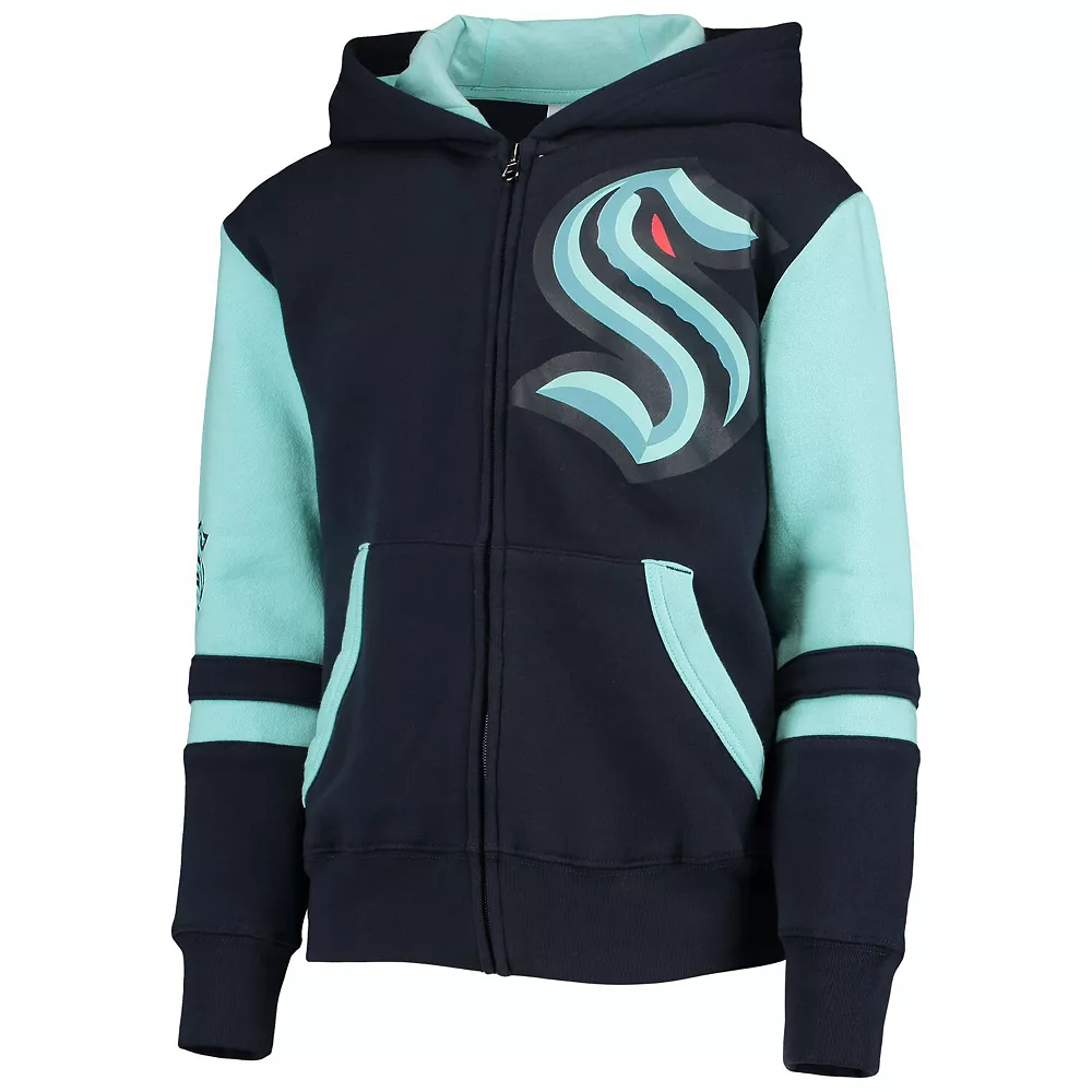Youth Deep Sea Blue Seattle Kraken Faceoff Color-Blocked Full-Zip Hoodie 3 Youth Deep Sea Blue Seattle Kraken Faceoff Color-Blocked Full-Zip Hoodie - Image 3