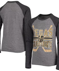 Youth Heathered Gray/Heathered Black Vegas Golden Knights Square Up Tri-Blend Raglan Long Sleeve T-Shirt -MLB Shop 5837950 ALT
