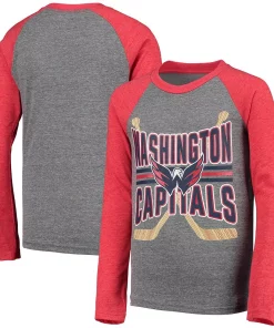 Youth Heathered Gray/Heathered Red Washington Capitals Square Up Raglan Tri-Blend Long Sleeve T-Shirt -MLB Shop 5837953 ALT