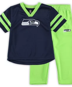Toddler College Navy/Neon Green Seattle Seahawks Red Zone V-Neck Jersey Top & Pants Set