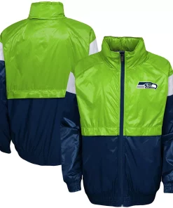 Youth Neon Green/College Navy Seattle Seahawks Goal Line Stance Full-Zip Hoodie Windbreaker