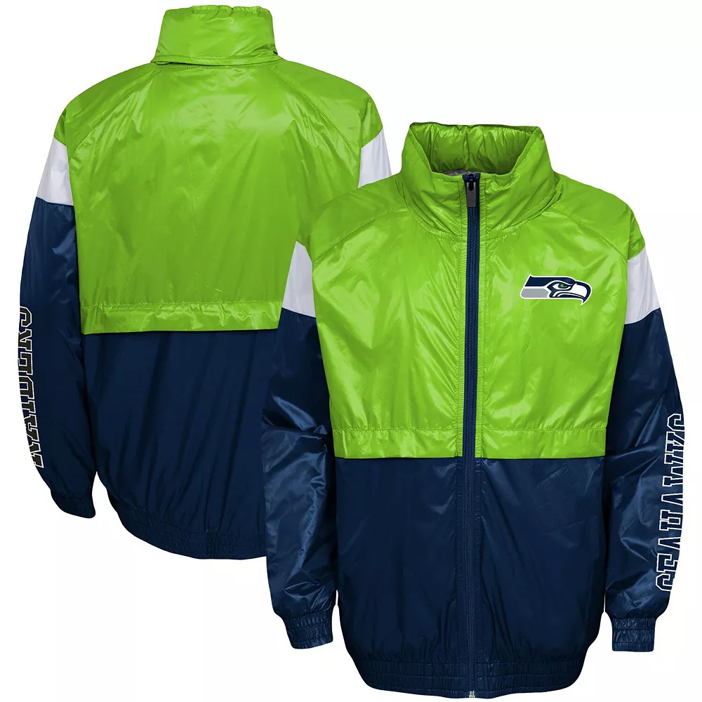 Youth Neon Green/College Navy Seattle Seahawks Goal Line Stance Full-Zip Hoodie Windbreaker 1 Youth Neon Green/College Navy Seattle Seahawks Goal Line Stance Full-Zip Hoodie Windbreaker