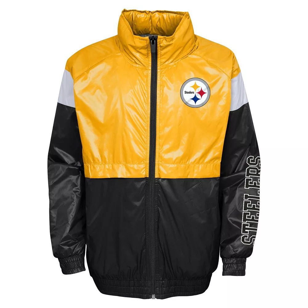 Youth Gold/Black Pittsburgh Steelers Goal Line Stance Full-Zip Hoodie Windbreaker 3 Youth Gold/Black Pittsburgh Steelers Goal Line Stance Full-Zip Hoodie Windbreaker - Image 3