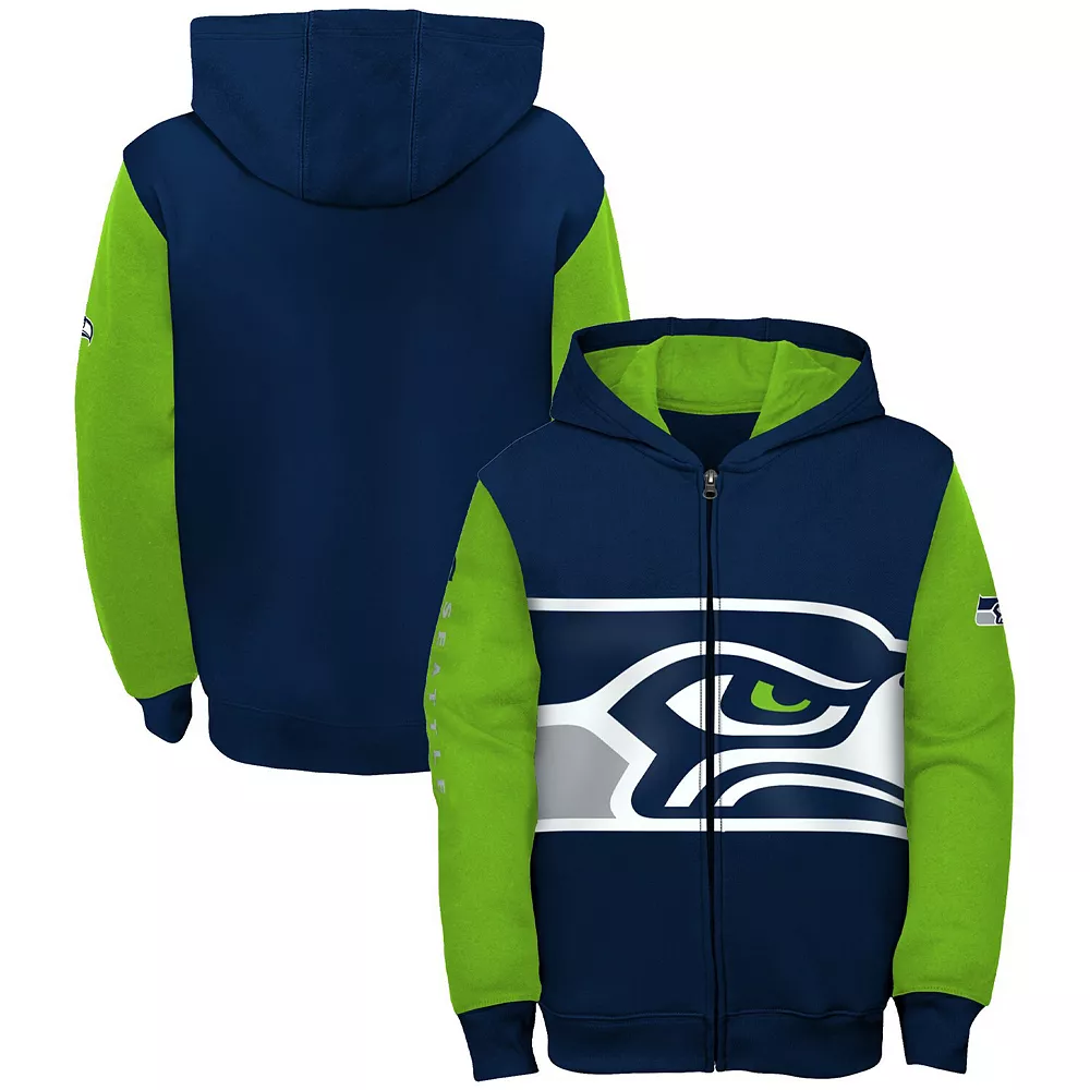 Youth College Navy/Neon Green Seattle Seahawks Poster Board Full-Zip Hoodie 2 Youth College Navy/Neon Green Seattle Seahawks Poster Board Full-Zip Hoodie - Image 2