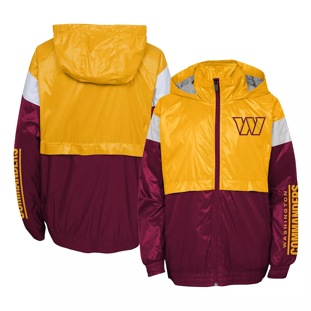 Youth Gold/Burgundy Washington Commanders Goal Line Stance Full-Zip Hoodie Windbreaker Jacket 1 Youth Gold/Burgundy Washington Commanders Goal Line Stance Full-Zip Hoodie Windbreaker Jacket